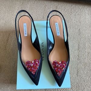 Aquazzura Love Me Black Slingback Heels with Glittering Red Heart